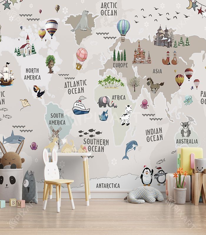 Papier peint atlas des continents et animaux