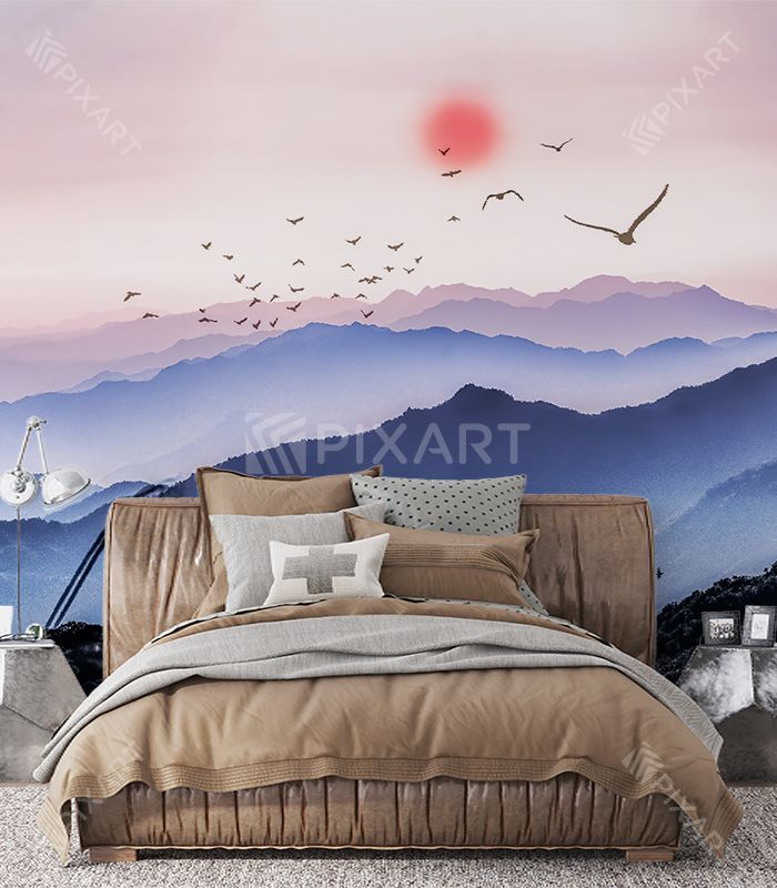Papier peint avec vue sur les montagnes et un ciel ensoleille